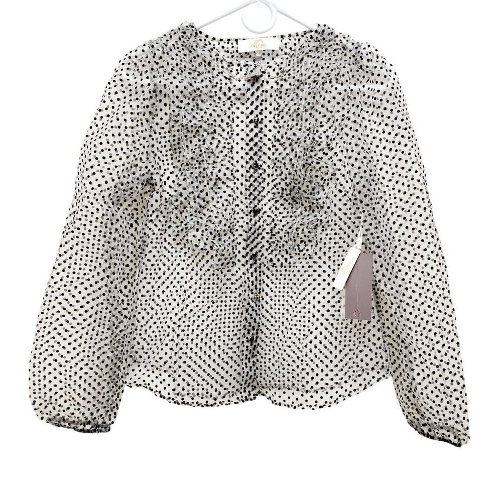 Magofina Rico Womens Polka Dot Sheer Long Sleeve Blouse Ruffle Detailing Size S